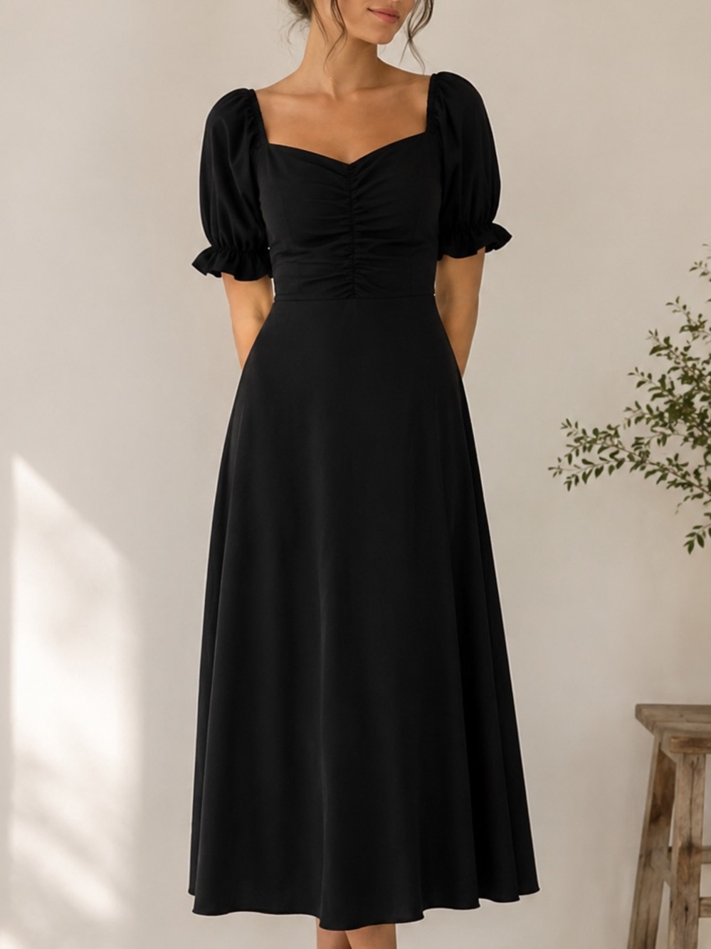 Black Puff-Sleeve A-Line Dress